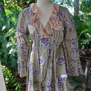 Odd Molly Cotton Boho Tunic Top with Lace, sage green w/ purple, Size L